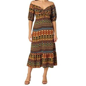 Karen-T Design Boho Off Shoulder Maxi/Midi Dress Plus Sz 3X Tribal Earth Tones